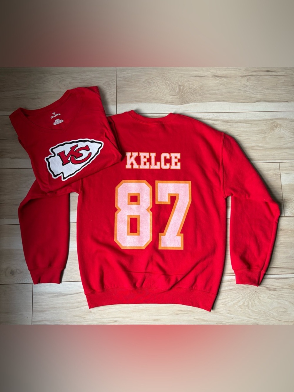 Kansas City Chiefs Kelce 87 Sweatshirt + Fanatics Tee Womens Bundle Red NFL Era